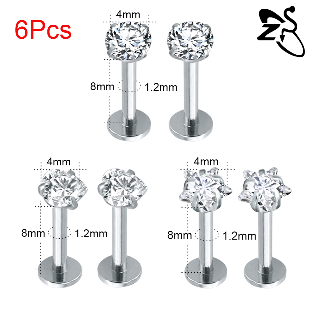 6 Pcs Stainless Steel Labret Lip Rings 16G Monroe Piercing Star Shape Ear Studs CZ Crystal Nose Piercing Shine Tragus Conch Helix Piercing Jewelry