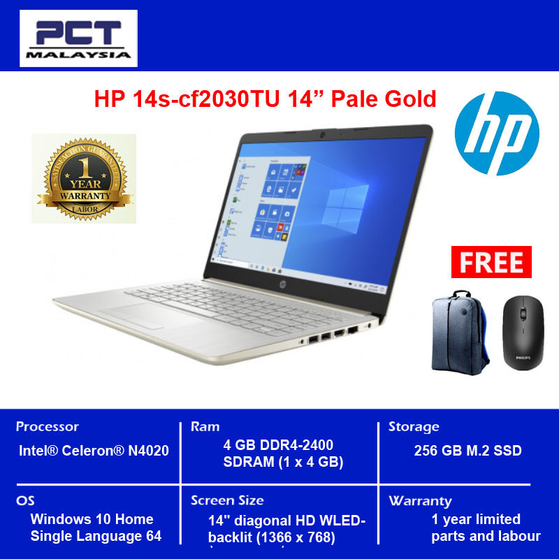 HP Laptop 14s-cf2030TU 14 Pale Gold ( N4020, 4GB, 256GB Intel, W10H ) Malaysia