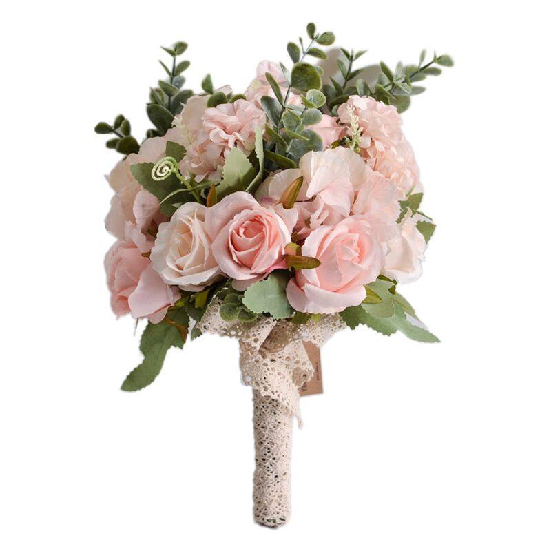 Wedding Bridal Bouquet Handmade Artificial Rose Eucalyptus Leaves Bridesmaid Holding Flowers for Party Home Table Decor