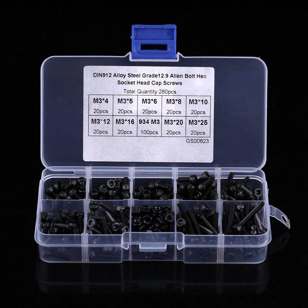 280Pcs/Box M3 Cap Head Hex Socket Bolt Screw Nut Metric Machine Fastener Assortment Set