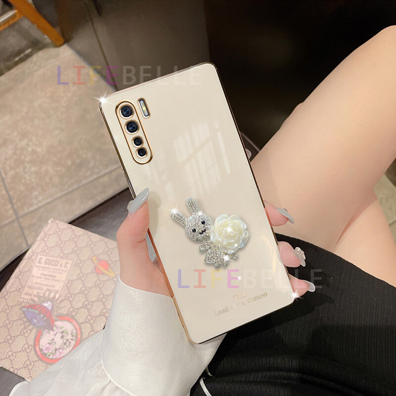 LIFEBELLE Ốp Cho OPPO A91 Reno3, Ốp Điện Thoại Mềm Mạ Hoa Đẹp Hình Thỏ Dễ Thương Thời Trang 3D Kim Cương Giả Cho Nữ Ốp Lưng Silicon Bảo Vệ Chống Sốc Cho Oppo Ốp Đôi