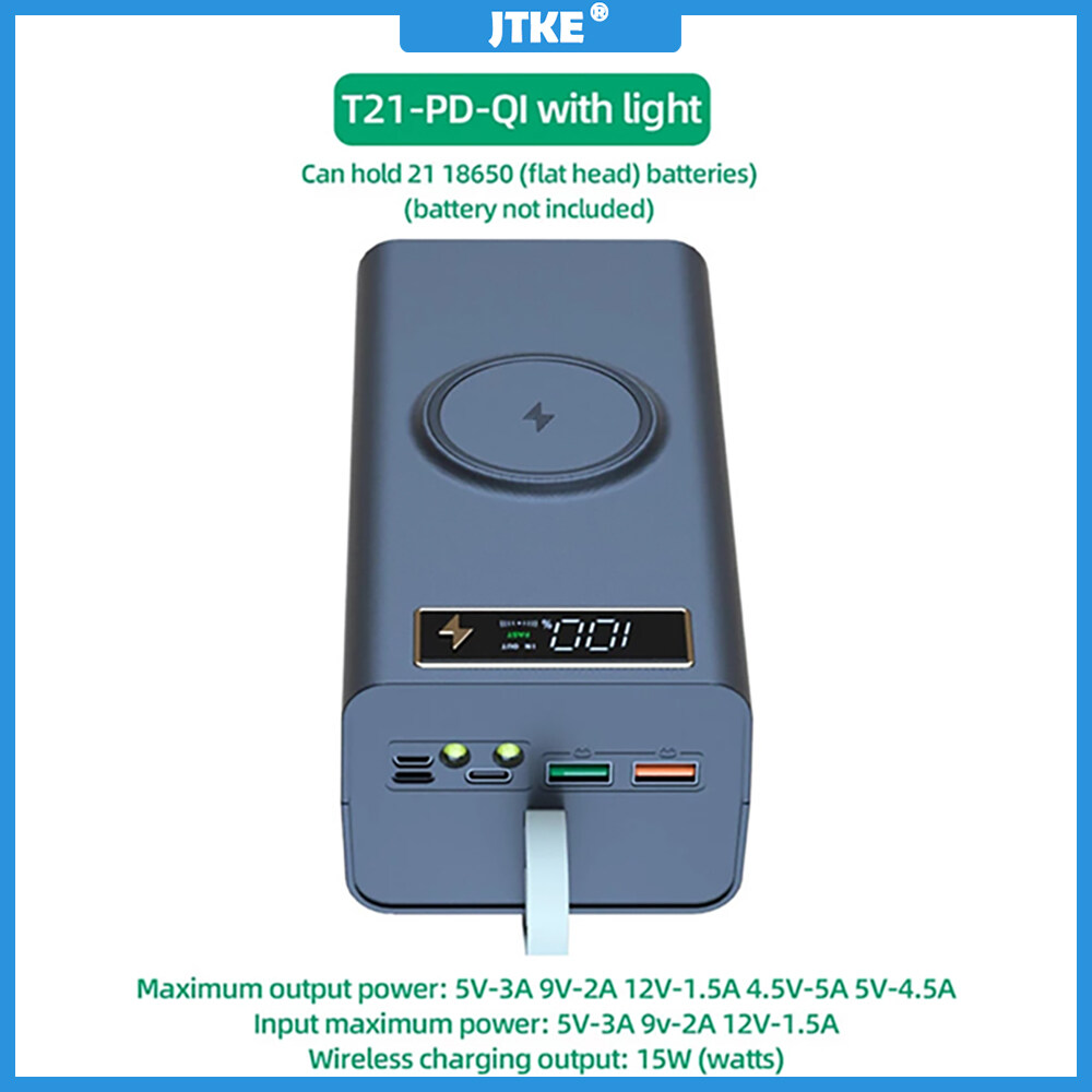 Hộp Đựng Pin 21 18650 Hộp Sạc Không Dây PD Đèn Pin Vỏ Tự Làm USB Kép T21