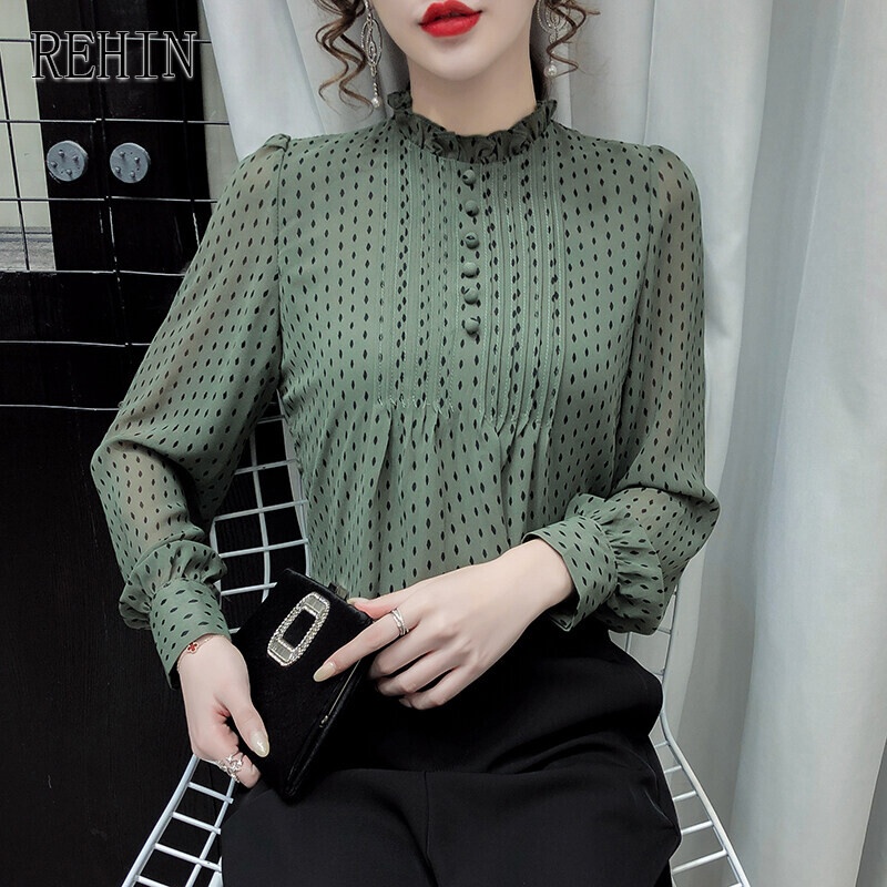 REHIN Women's top long-sleeved shirt 2022 spring new trendy chiffon fashion blouse