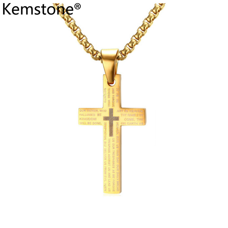 Kemstone Titanium Steel Bible Cross Silver Gold Black Pendant Chain Necklace for Men