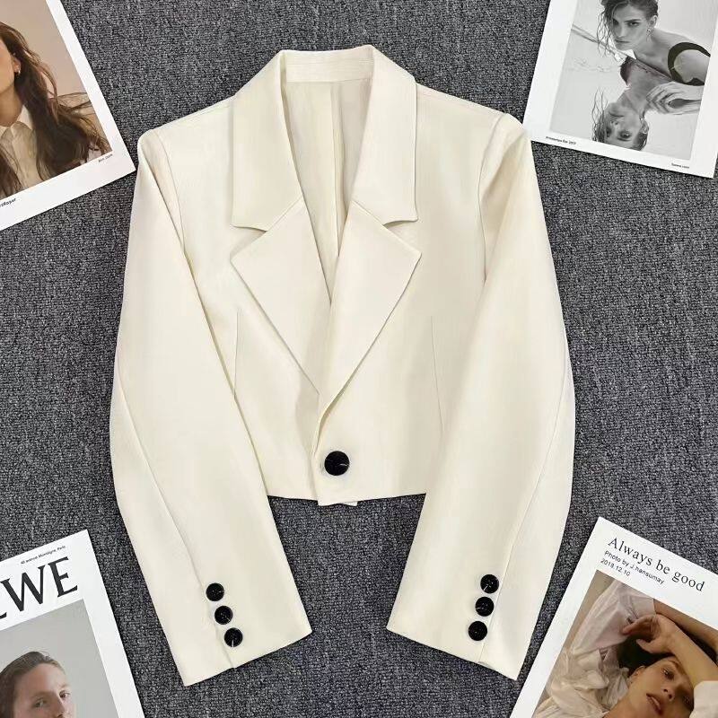 LAREINE Women Cropped Blazer Korean Style Solid Color Long Sleeve One button Short Lined Jacket Woman