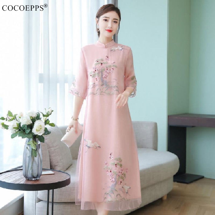 COCOEPPS Women's Elegant Cheongsam Dress 2023 Summer New Large Size Retro Embroidery Long Skirt MM