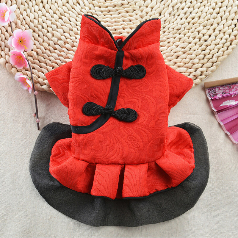 DY LOVING Váy Thú Cưng Phong Cách Trung Quốc Đầm Gạc Đỏ Có Cúc Đặc Trưng Trung Quốc Cho Chó Mèo Cho Shih Tzu Bông