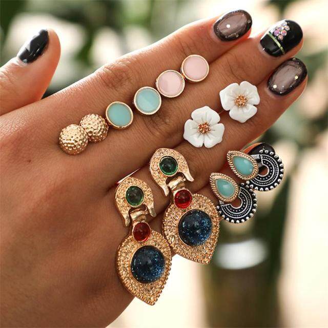 Boho Waterdrop Rhinestone ชุดต่างหูสำหรับหญิงสาวดอกไม้ทรงเรขาคณิต Leaf ต่างหูมุกเครื่องประดับ Brincos