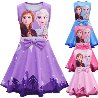 Summer On Sale Children's Frozen 2 Elsa Anna Dress Sweet Girls Cartoon Print Sleeveless Vest Dress For Kids Casual Banquet Holiday Dress