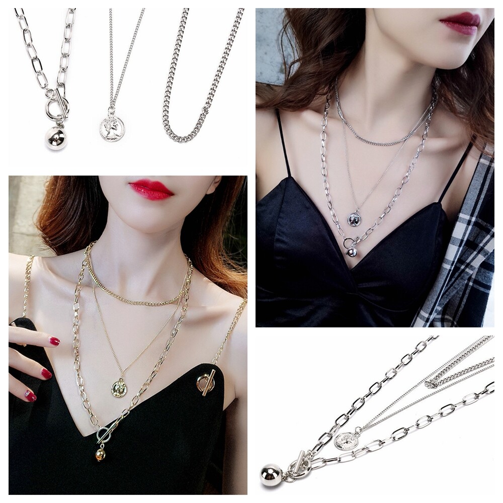Unisex Women Men Silver Gold Hip Hop Collar Rock Chain Necklace Coin Pendant Metal Ball Punk Choker