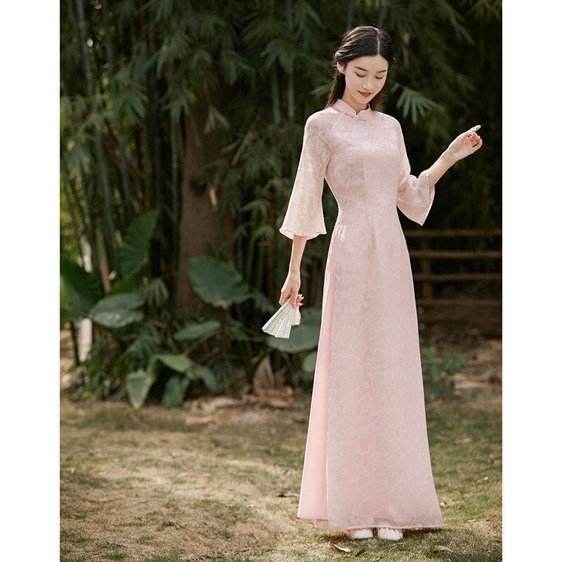 2023 Summer New Chinese Style Slim-fit Long Improved Cheongsam Flared Sleeves Disc Buckle Cardigan Dress Women's Dress