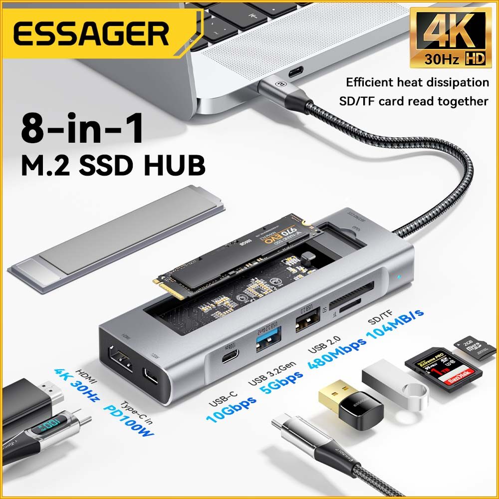 Essager Bộ chia USB Type-C Với Đĩa Chức Năng Lưu Trữ 8 Trong 1 USB C Để ổ SSD SATA HDD Máy Tính Xách Tay trạm dock PC Đối Với MacBook Pro Không Khí M1 M2