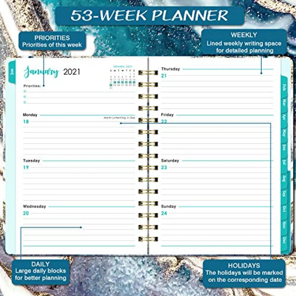 6.4x 8.5 December 2021 Coated Tabs Inner Pocket 2021 Planner Flexible Cover Planner with Elastic Closure Weekly Monthly Planner 2021 for January 2021