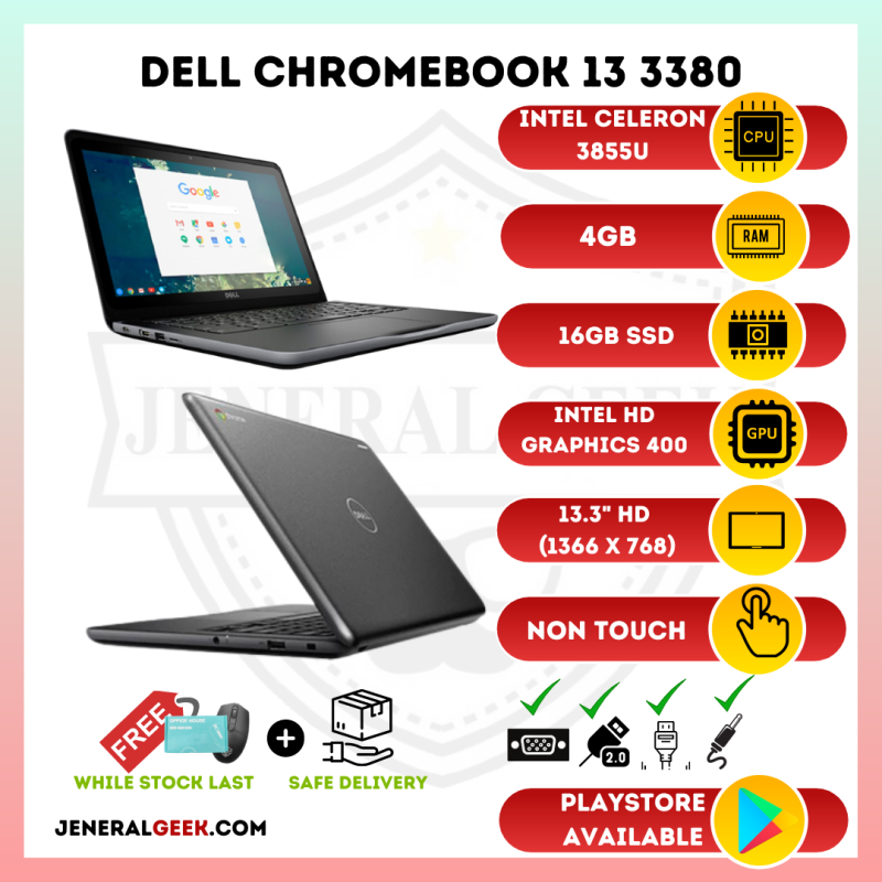 Dell Chromebook 13 3380 - Intel Celeron 3855U - 4GB RAM - 16GB SSD - Play Store Enabled - Lightweight 180 Degrees Foldable Durable Student Children Education Study Work Malaysia