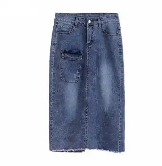 stretch midi denim skirt