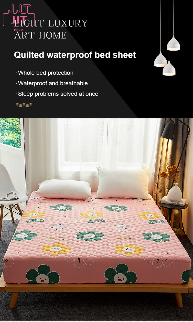 【JJT】Waterproof Mattress Protector Cover Cartoon Printing Fitted Bedsheet Line stitching process Elastic Bed Cover Single/Twin/Queen/King Size 90x200cm/120×200cm/150×200cm/180×200cm Suitable Mattress(Depth) 28cm