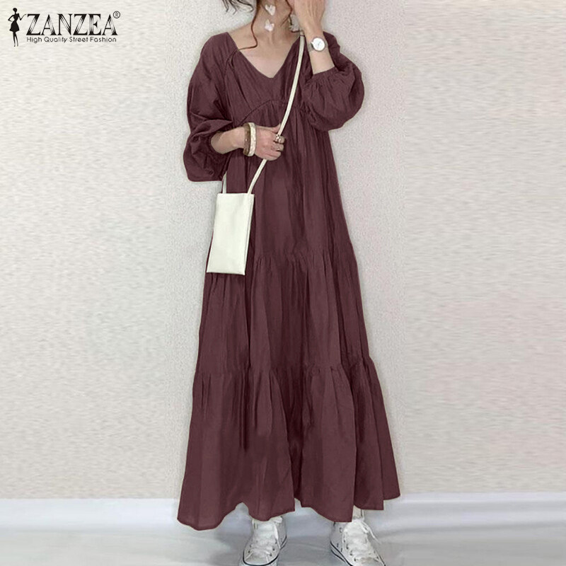 Nơi bán ZANZEA Đầm Maxi Dài Kaftan Abaya Xếp Tầng Tay Phồng Cổ Chữ V Cho Nữ