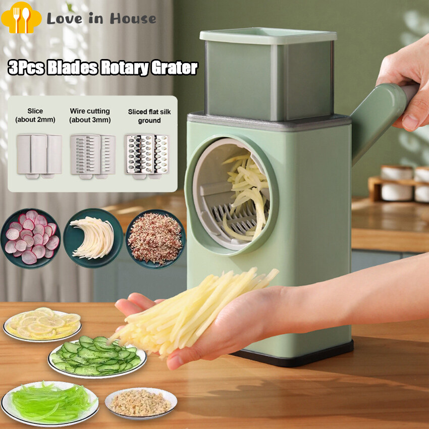 Cheese Grater Vegetable Slicer, 3 Drum Blades Rotary Grater Slicer for Kitchen, Round Tumbling Slicer for Fruits, Vegetables, Nuts