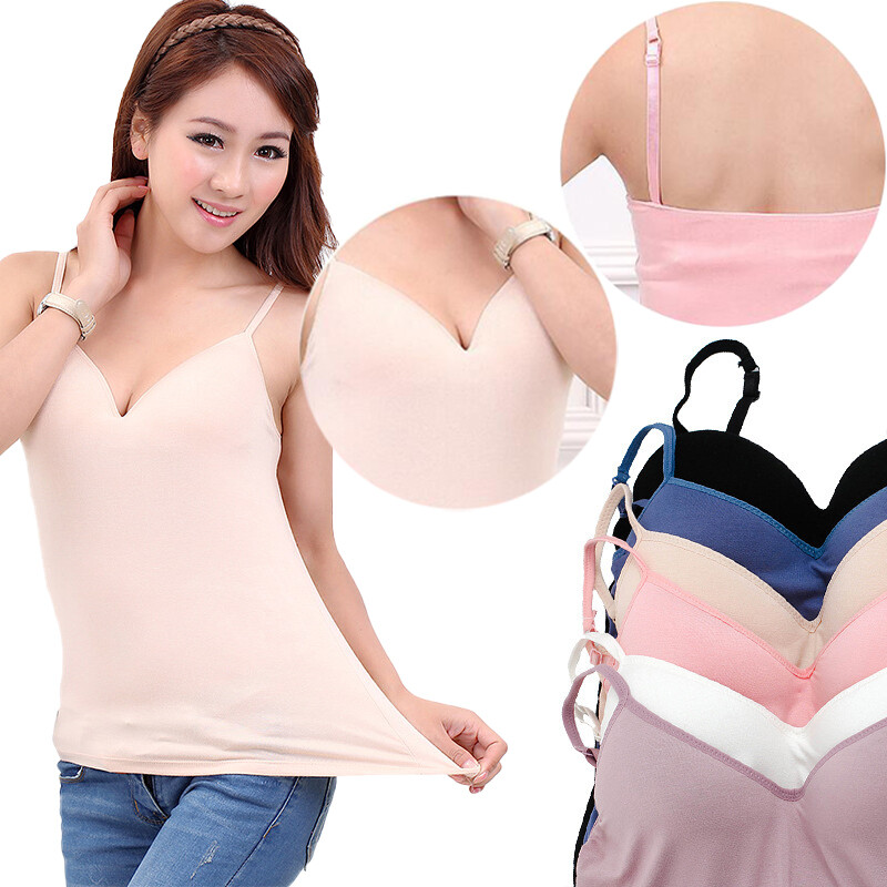 Summer Women's Padded Bra Tank Top Casual Modal Cotton V-neck With Chest Pad Tops Female Underwear Sexy Yoga Sports Bottoming Shirt Korean Soft Clothing