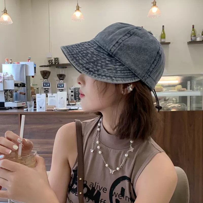 Mũ Chống Nắng Vải Bò Giặt Có Dây Rút Mũ Cao Bồi Ngoài Trời Hàn Quốc Cho Nữ
