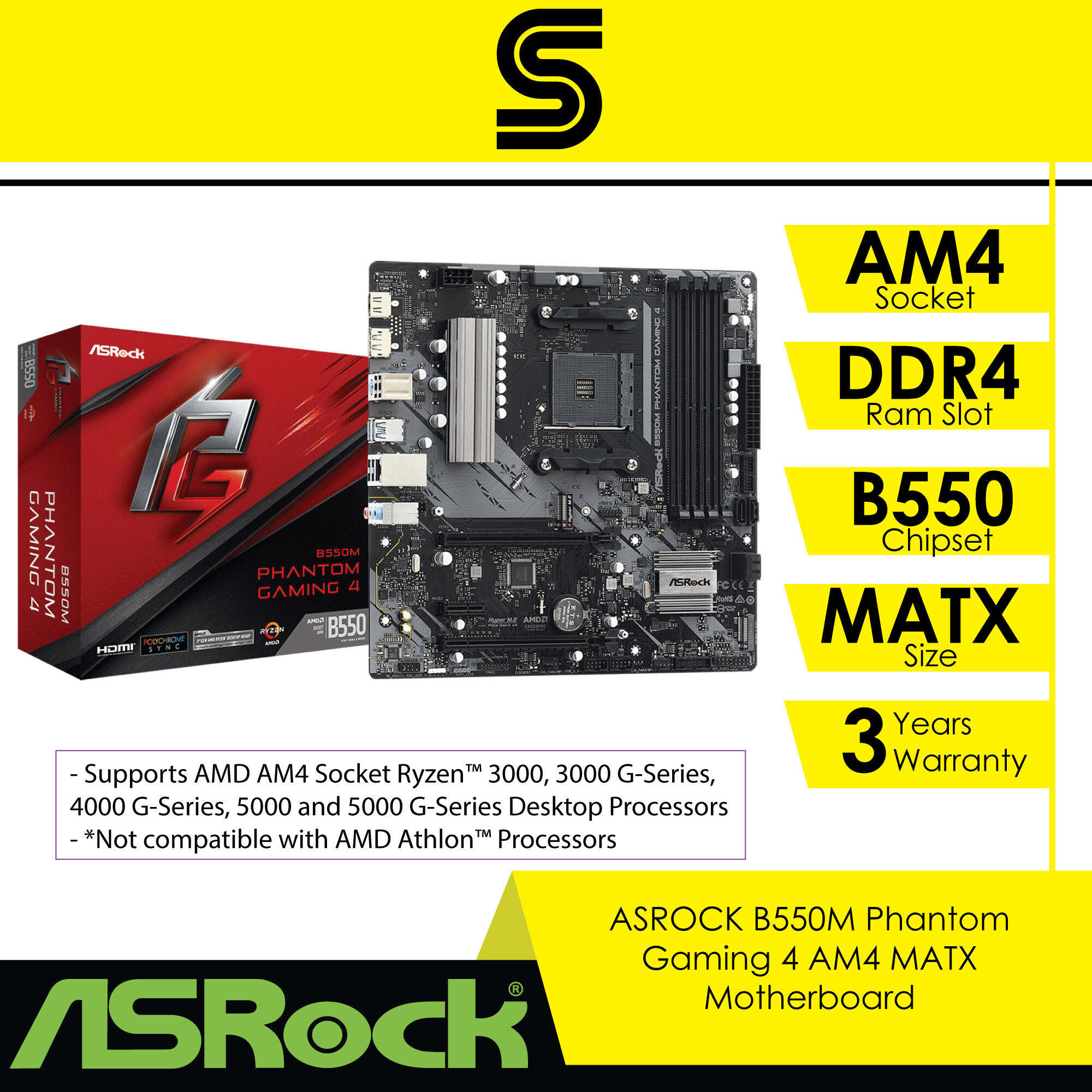 ASROCK B550M Phantom Gaming 4 AMD AM4 Socket MATX Motherboard Bundle with  AMD Processor | Lazada