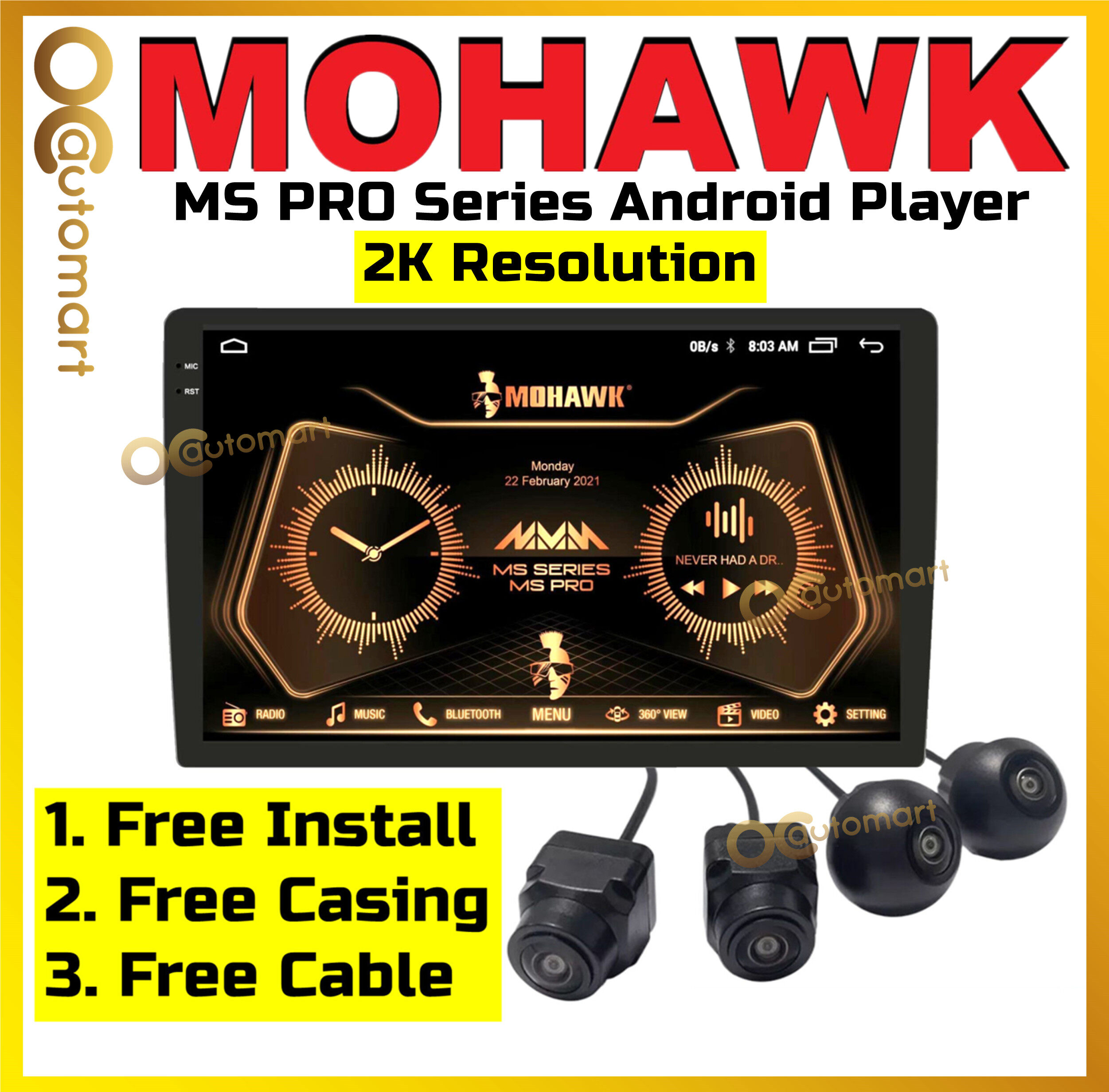 (Free 360 Camera) Mohawk MS PRO Series 2K Resolution Car Android player With 3D 360 Reverse