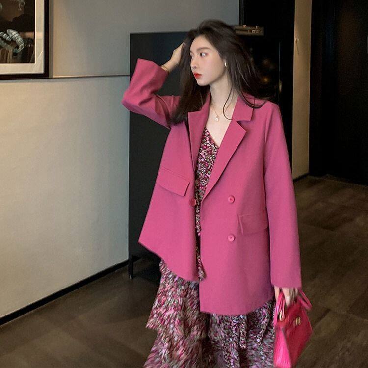 PWAE Suit Jacket + Chiffon Floral Dress for Women British Retro Pink Temperament Set for Women