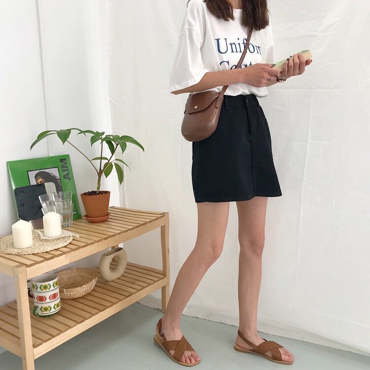 IELGY Elastic waist A word denim skirt female summer high waist slim