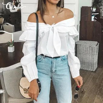 off shoulder white button up shirt