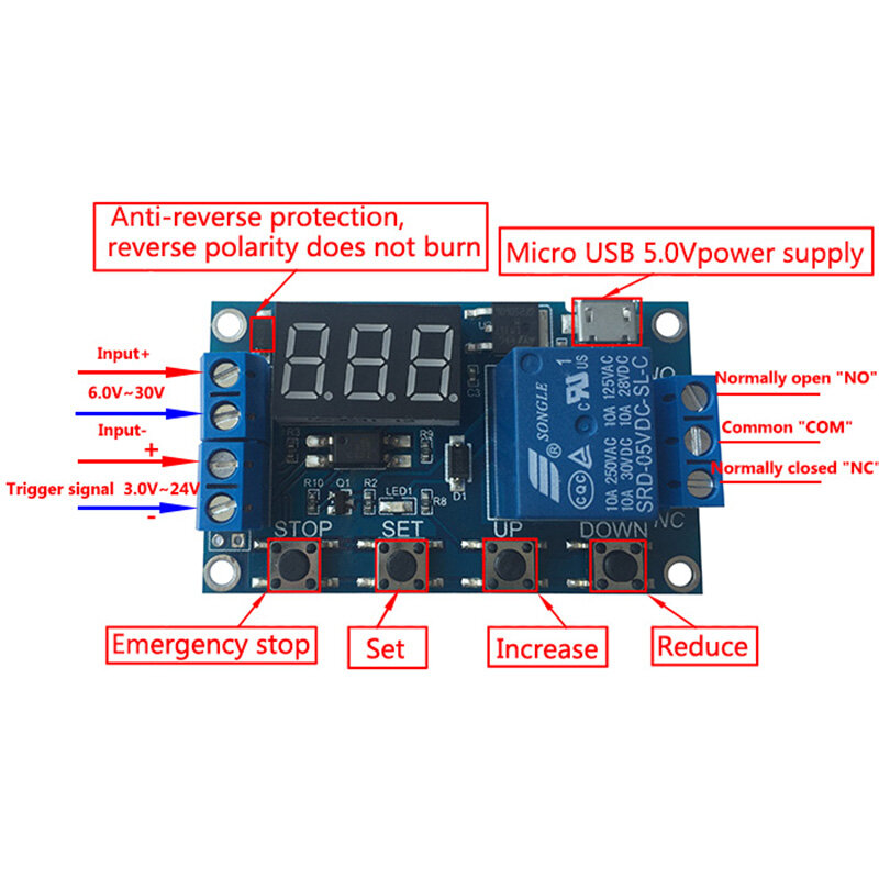 1PCS DC 6V-30V OFF/ON  timing switch period 1-channel 5V relay module Time delay relay module triggers 999 minutes Arduino relay board