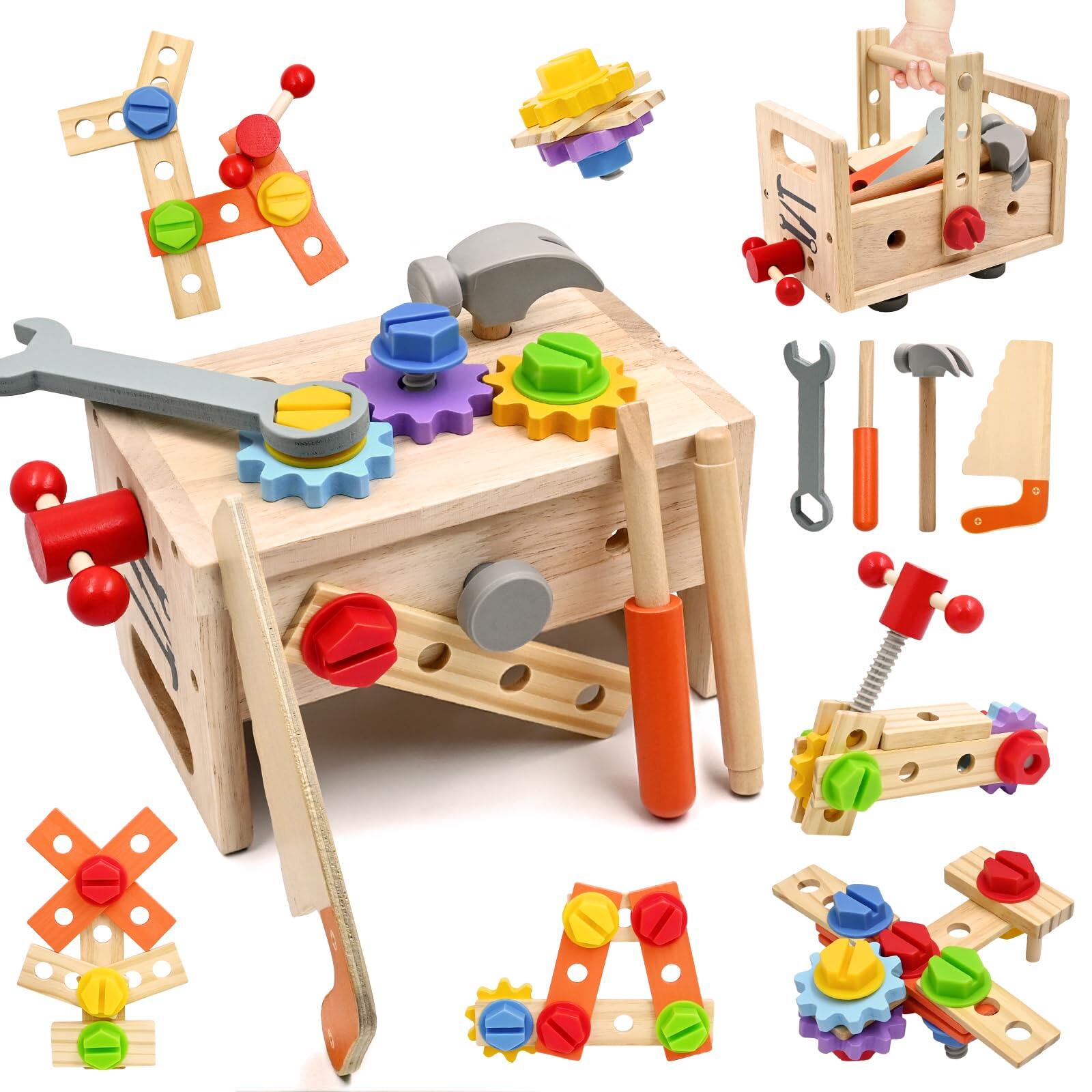 Children's wooden tool set,29 tool toys, suitable for children 1-3 years old, with toolbox, educational pretend games learning resources construction pole toys, suitable for boys and girls over 3 years old gifts