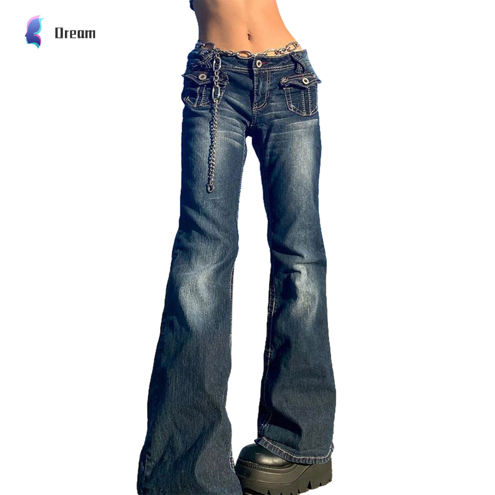 【Dream-life】 Korean Style Women Denim Jean Low Waisted Pockets Skinny Flare Pants 2000s Retro Trousers