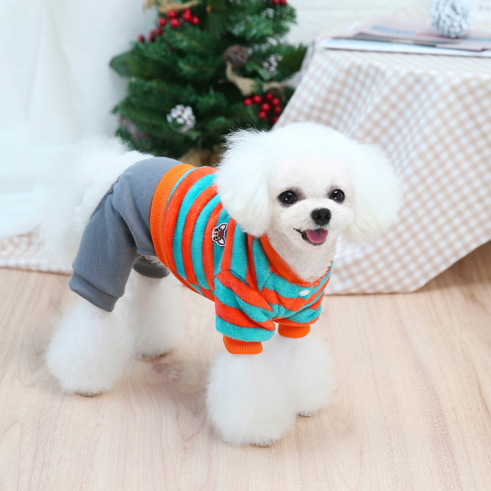 1Pc Fashion Pet Stripes Pattern Keep Warmth Four-legged Fleece Bodysuit Jumpsuits Outfit for Dogs Cats Puppy Kitten