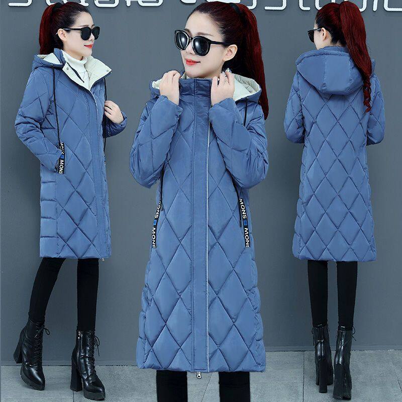 Down Cotton Jacket 2022 New Women's Slim Diamond Grid Medium and Long Large Sizr Hooded Cotton Coat