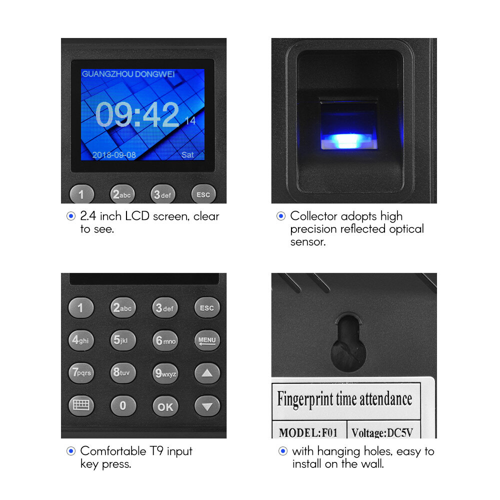 Aibecy Biometric Fingerprint Password Attendance Machine Multi-language with 2.4 inch LCD Screen Employee Management Time Clock Checking-in Recorder Support U Disk to Download Data