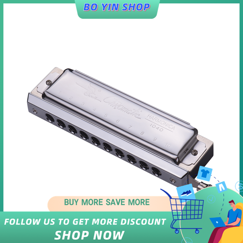 Swan Chromatic Harmonica 10 Holes 40 Tones Key of C Silver with Exquisite Box