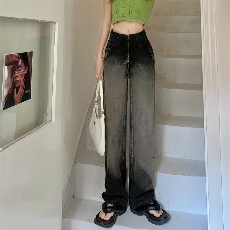 American style high street design gradually changes color jeans women's spring autumn high waist straight leg loose pants