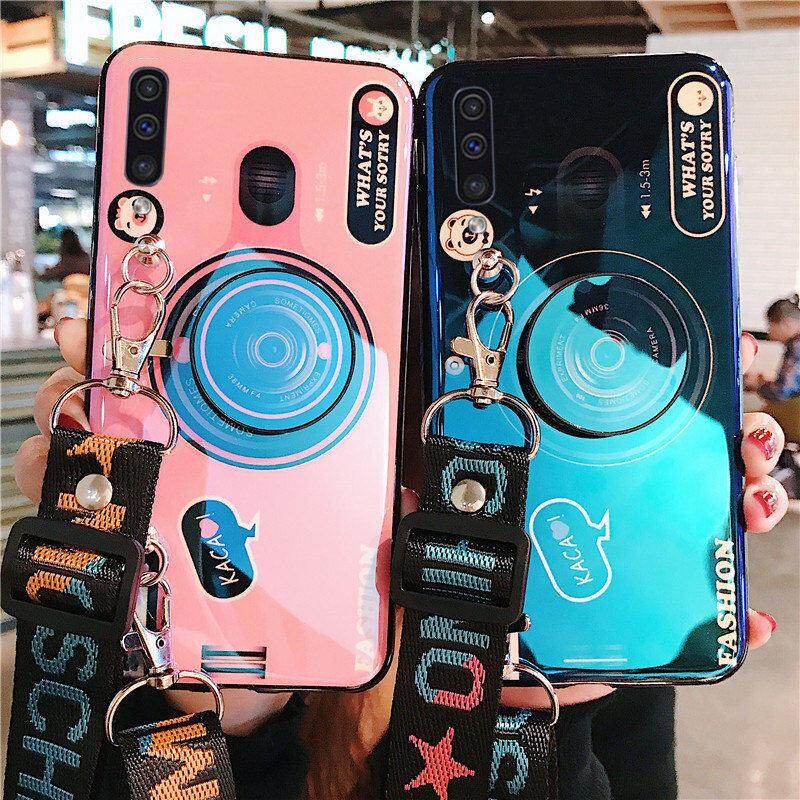 ROAZIC [Lanyard+Holder] Blue Ray 3D Camera Case For Samsung Galaxy A20s A30s A50s Cases Soft Silicone TPU Cover Phone Casing