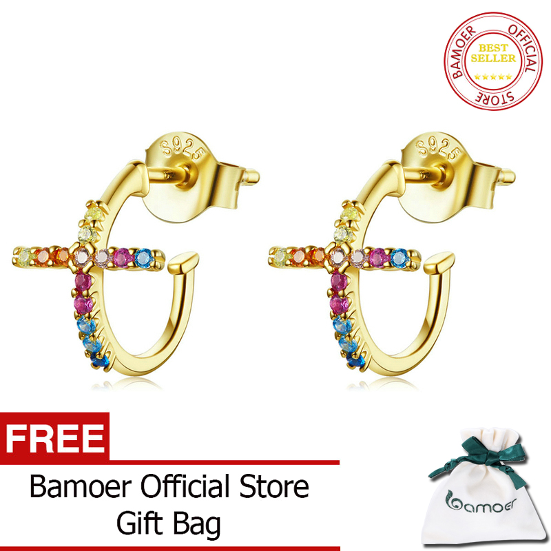 BAMOER Sterling Silver 925 Stud Earrings for Women Half Hoops Cross Fashion Jewelry Brincos Wedding Statement Jewelry SCE755