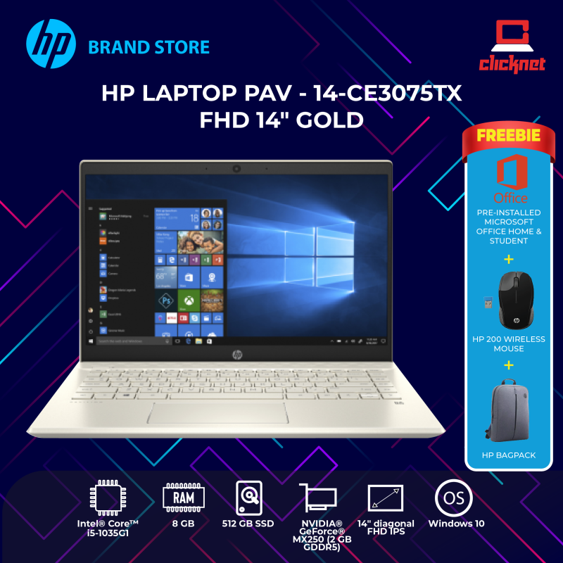 HP PAVILION LAPTOP 14-CE3075TX Gold (i5-1035G1, 8GB, 512GB, MX250 2GB, FHD IPS W10) Malaysia