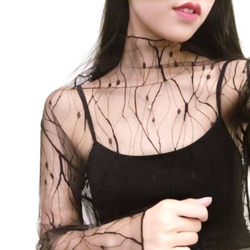 Áo Sơ Mi Nữ Mặc Lót Lưới Xuyên Thấu Cơ Bản Mùa Xuân, Áo Chui Đầu Sọc Bông Tuyết Ren Khoét Lỗ Lấp Lánh Áo Cánh Dài Tay Dáng Ôm Cổ Giả 7 Phong Cách