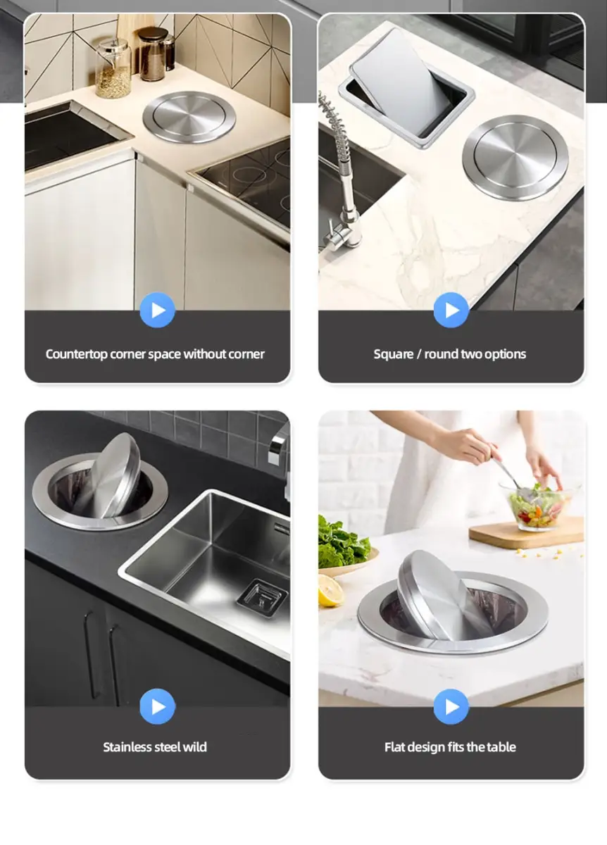 Foheel Kitchen Sink Parts Kitchen Counter Top Stainless Steel Flush Recessed Swing Flap Lid Cover Trash Bin Garbage Can Fks49 Lazada