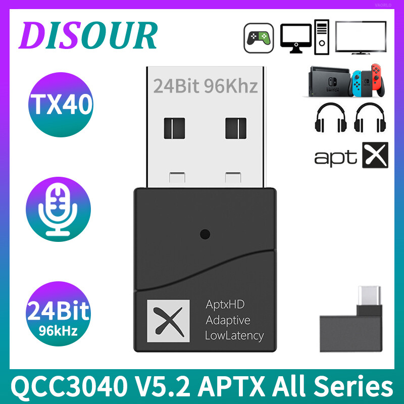 DISOUR Bộ Phát Âm Thanh TX40 USB Bluetooth 5.2 Chính Hãng Bộ Giải Mã Qualcomm QCC3040 24Bit AptX Thích Ứng LL HD SBC Bộ Chuyển Đổi Không Dây Đa Điểm Độ Trễ Thấp 40Ms Cho Máy Tính T V Máy Tính Xách Tay PS4/5 Nintendo Switch