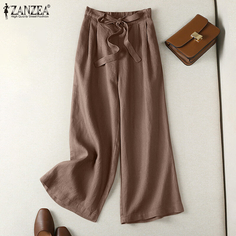 ZANZEA Womens Wide Leg Casual Loose Trousers Drawstring Elastic Waist Long Pants