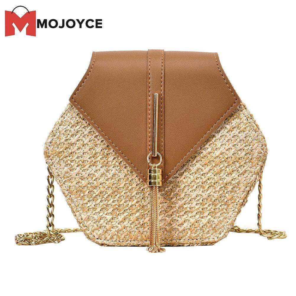 Mojoyce HEX-Bentuk Jerami + PU Tas Tangan Cangklong Wanita Top-Handle BoHo Pantai Musim Panas Tas