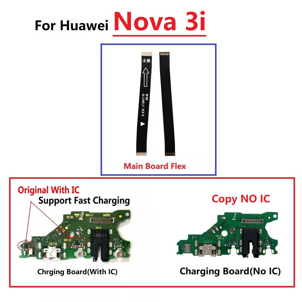 Ban đầu cổng sạc điện thoại Chân dock sạc điện thoại Board Mi-crô Cáp dẻo + bảng chính Bo mạch chủ kết nối cáp dẻo cáp cho Huawei Nova 3i