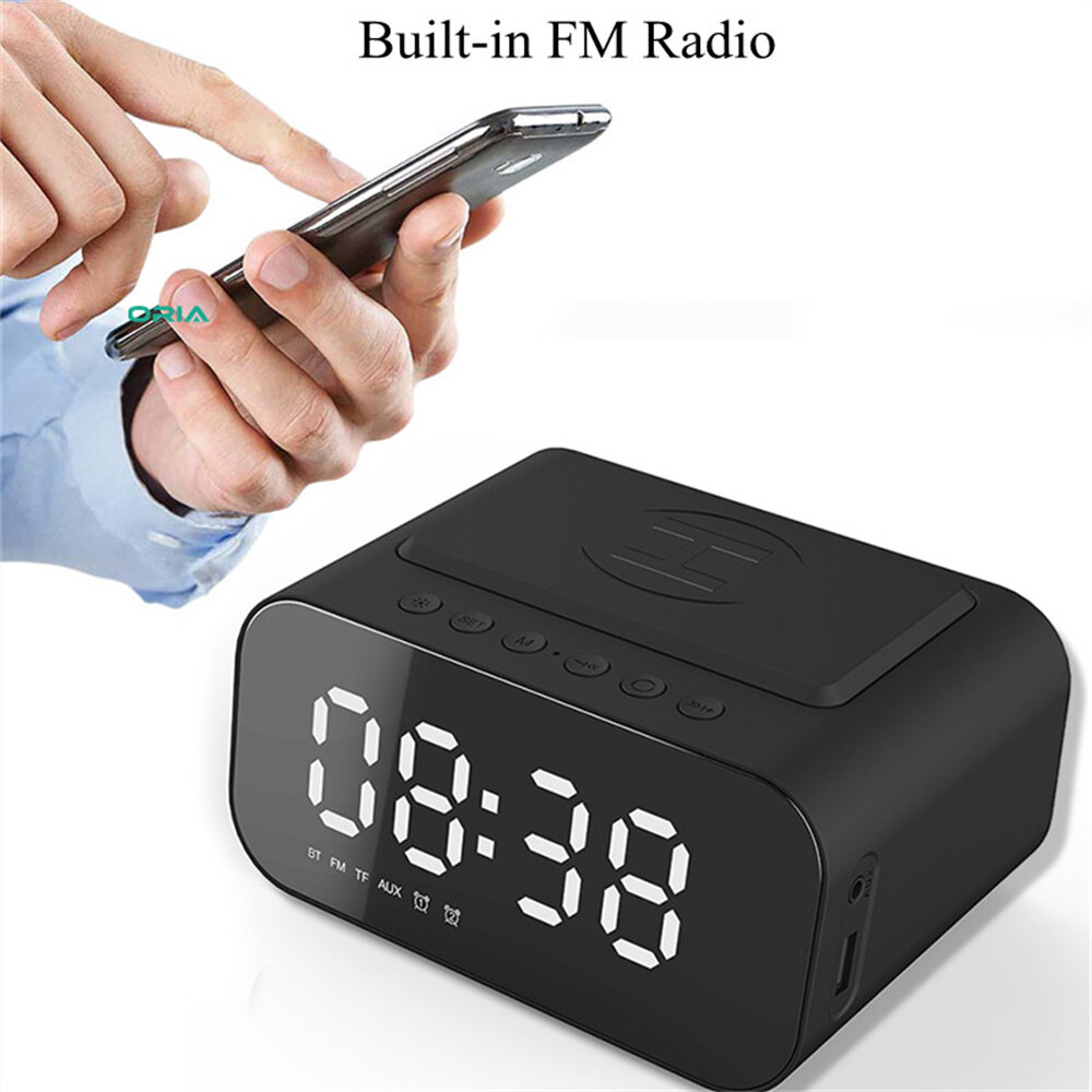 Oria đồng hồ gương kỹ thuật số fm loa Bluetooth đồng hồ âm nhạc sạc có đèn nền, 3 mức độ sáng, 2 chế độ phát lại, micrô, chức năng rảnh tay cho đồ trang trí văn phòng phòng ngủ gia đình