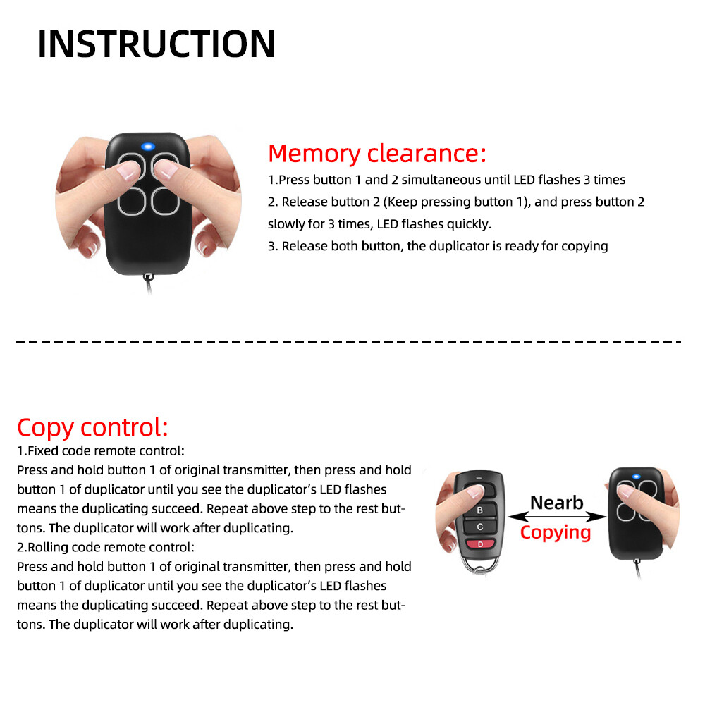KEBETEME 433MHz Smart Copy Duplicator Remote Control 4 Buttons Garage Door Gate Remote Fixed Rolling Code Cloning 433.92MHZ Transmitter