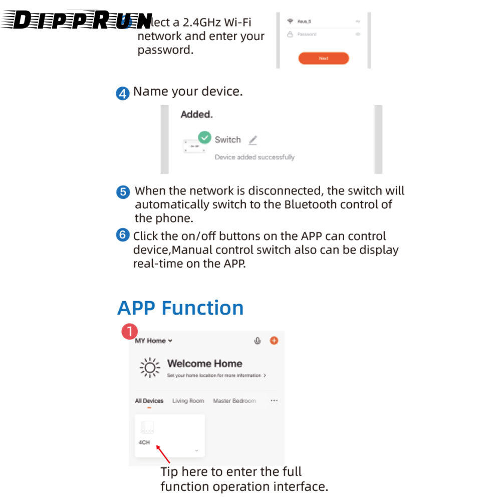 DIPPRUN 5V/DC7-32V Smart Wifi Motor Switch Module RF 433 Radio Remote Control 4 Channels Inching Relay