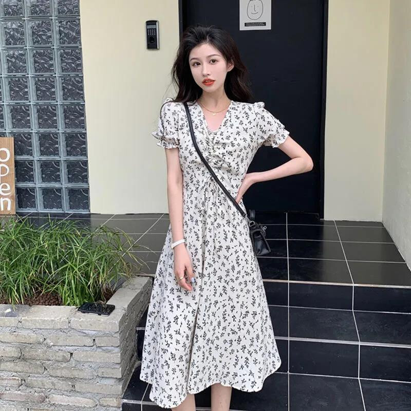 Mùa hè Ngắn tay mỏng Đầm hoa văn hoa mận trắng